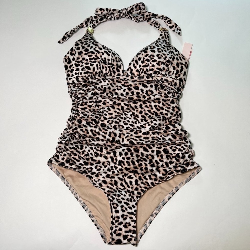 Victoria Secret XL Forever One Piece Swimsuit Push Up Ruched Halter Leopard